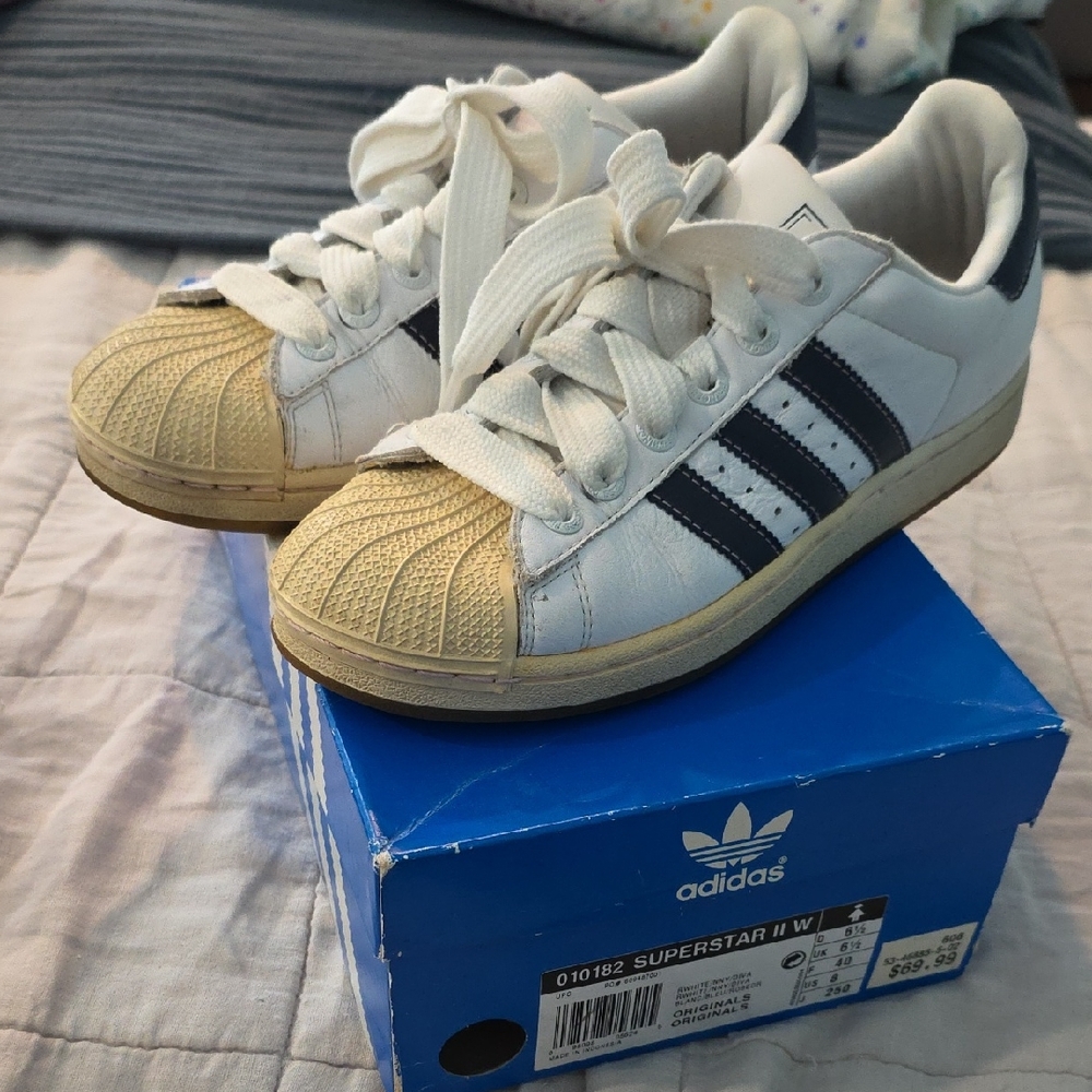 Adidas Women's Superstar White Sneakers with Blue Stripes & Pink Stitching